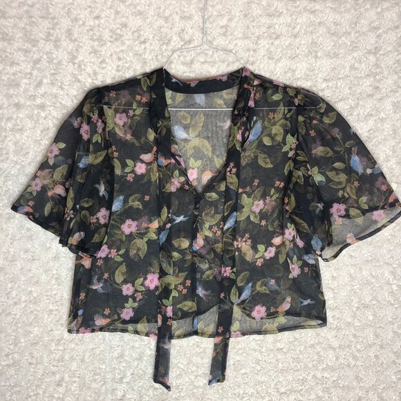 Forever 21 Women's Black Floral with Neck Tie Short Sleeve Cropped Blouse Size S - Picture 1 of 6